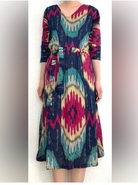 Vintage handmade dress midi kaftan blue pink beige size xs/s